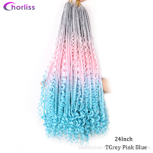 Wholesale Ombre Messy Goddess Boho Braided Bohemian Box Braids With Curls Un-ruly Synthetic Crochet Hair Extension For Woman